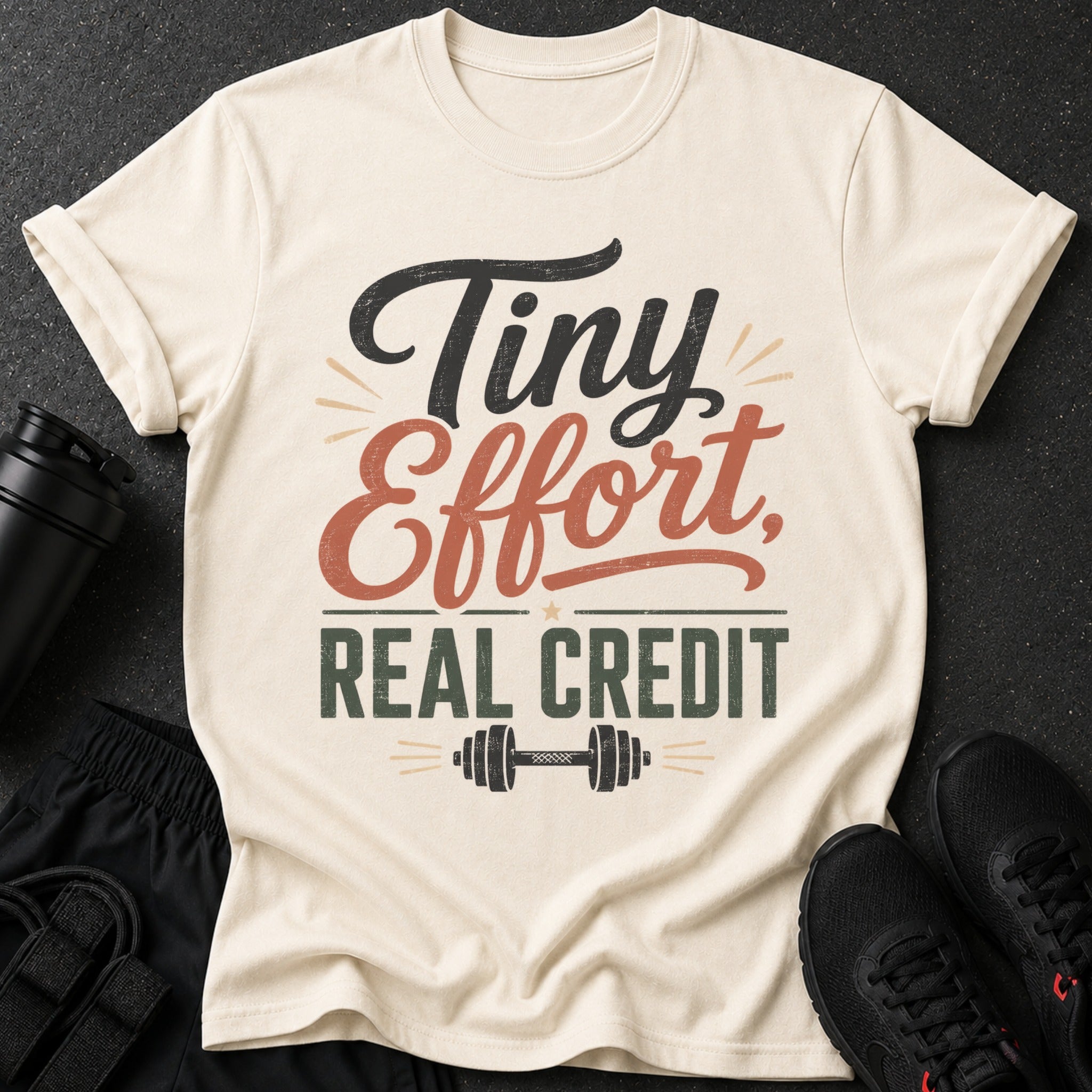 Cream t-shirt with "Tiny Effort, Real Credit" text and a dumbbell graphic.