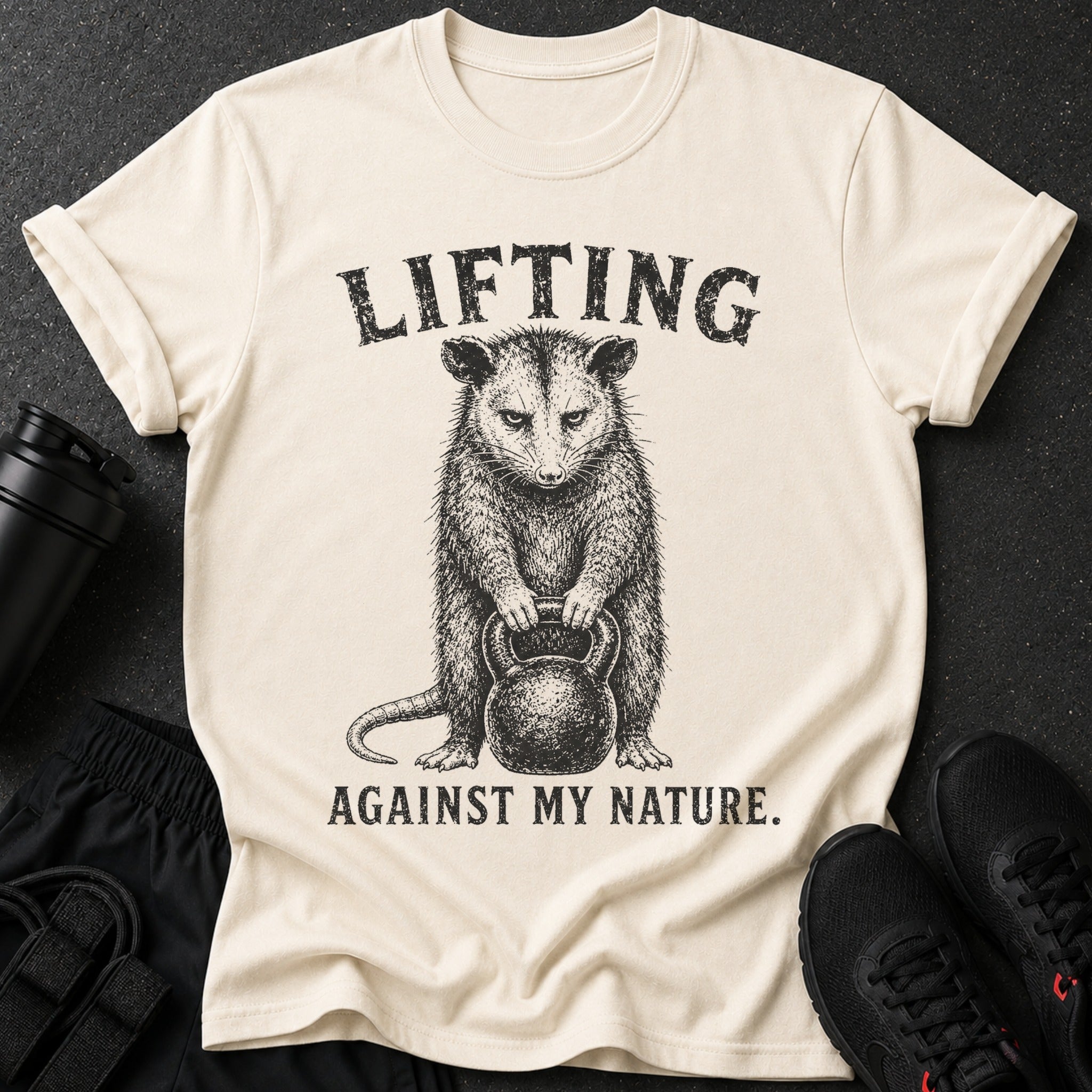 Cream t-shirt with opossum lifting kettlebell, text "LIFTING AGAINST MY NATURE."