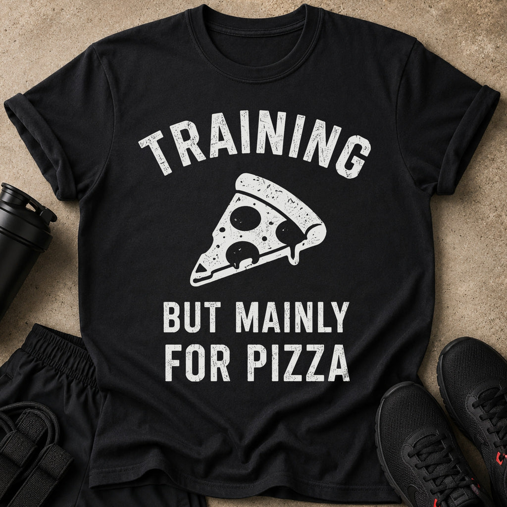 Black t-shirt with white text and pizza graphic that reads "TRAINING BUT MAINLY FOR PIZZA".