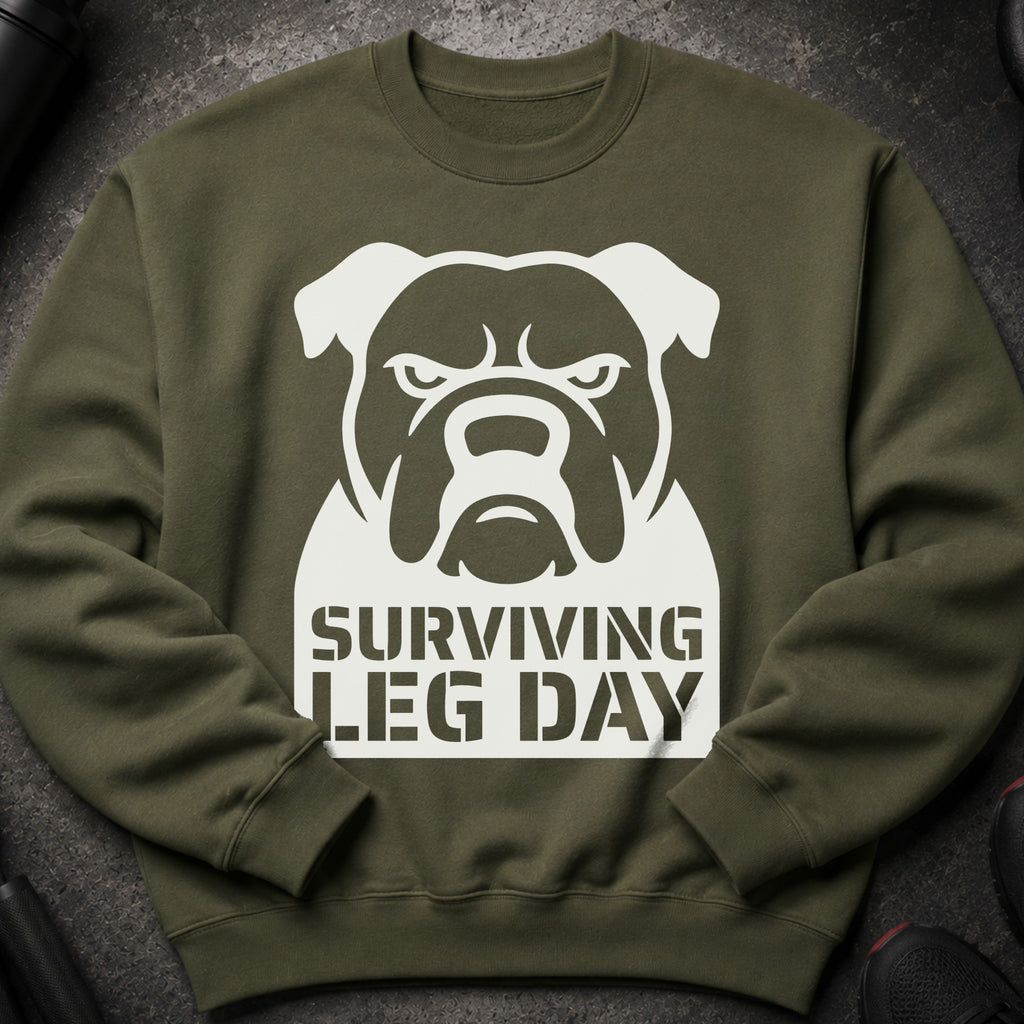 Green sweatshirt with white bulldog graphic and "Surviving Leg Day" text.