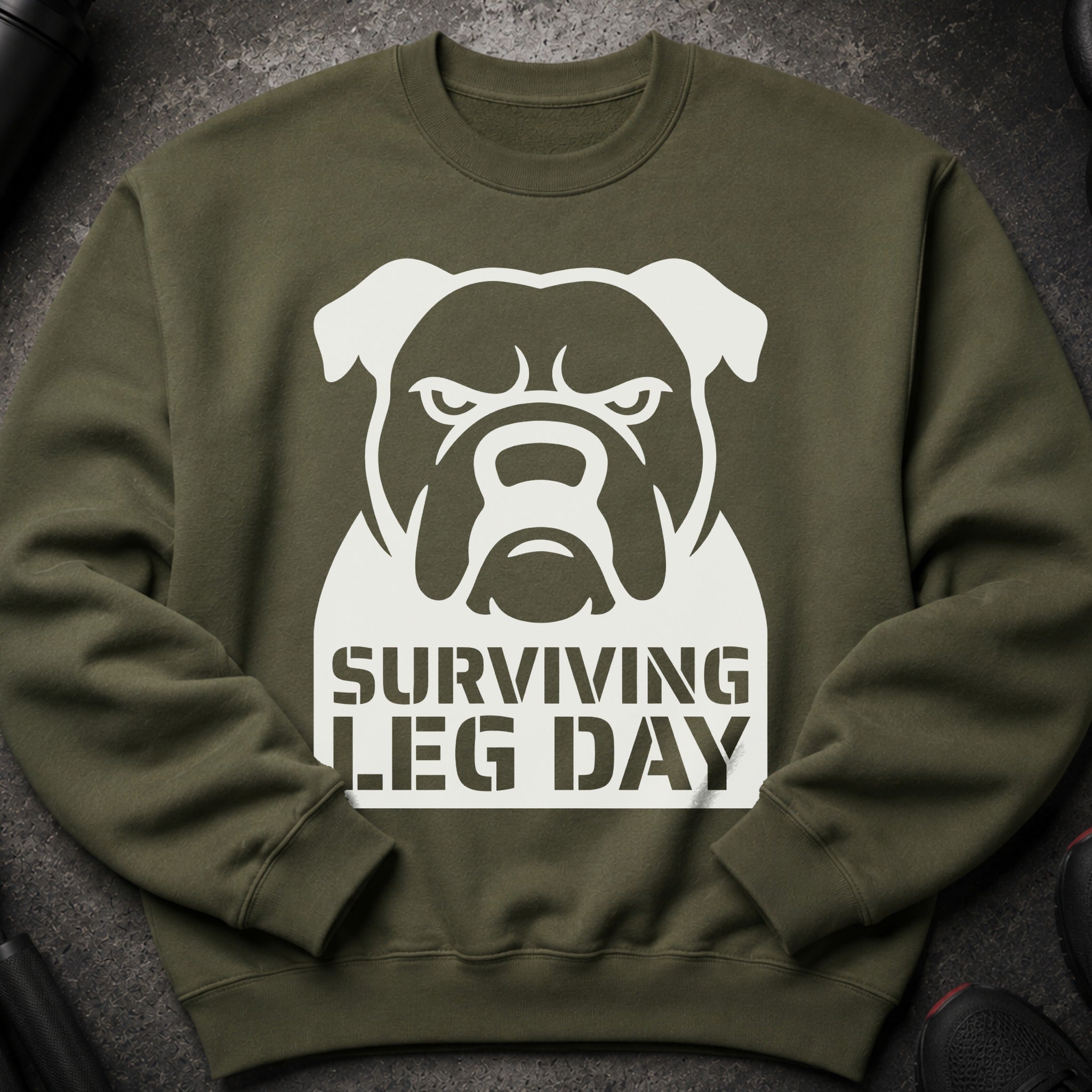 Green sweatshirt with white bulldog graphic and "Surviving Leg Day" text.