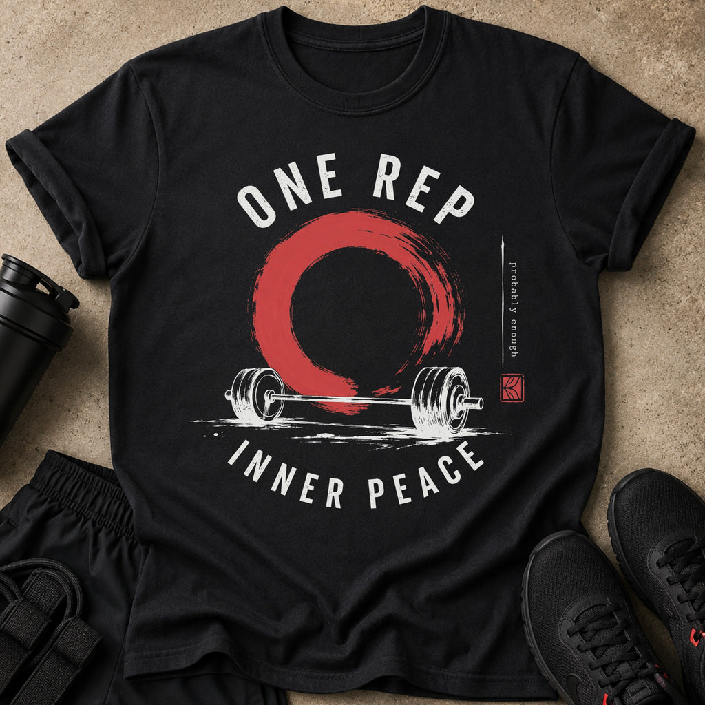 Black t-shirt with "ONE REP INNER PEACE" text and barbell graphic.