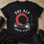 Black t-shirt with "ONE REP INNER PEACE" text and barbell graphic.