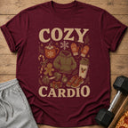 Maroon t-shirt with "COZY CARDIO" text and winter workout icons.