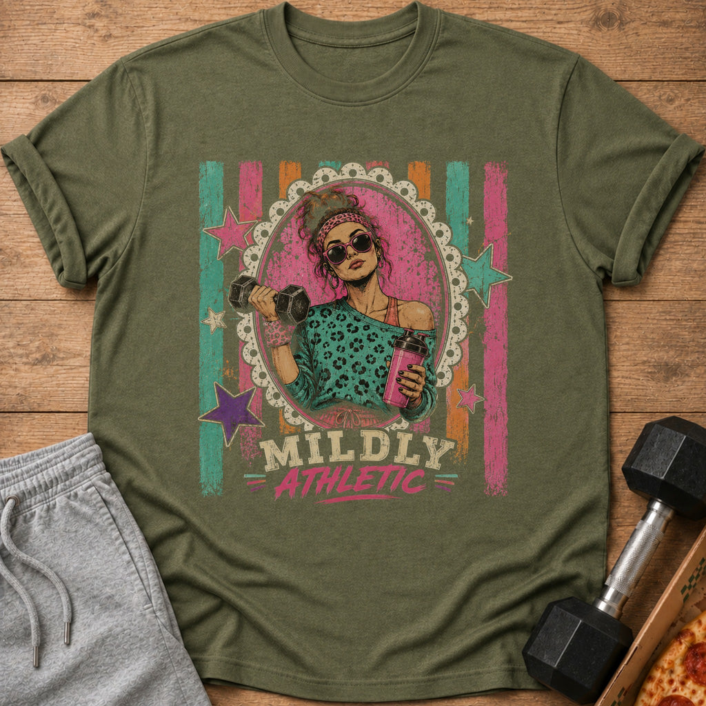 Graphic tee with a woman lifting weights and the text "MILDLY ATHLETIC".