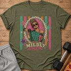 Graphic tee with a woman lifting weights and the text "MILDLY ATHLETIC".