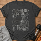 Dark grey t-shirt with "The One-Rep Elixir" and gym-themed graphics.