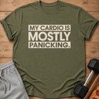 Olive green t-shirt with "MY CARDIO IS MOSTLY PANICKING." text.