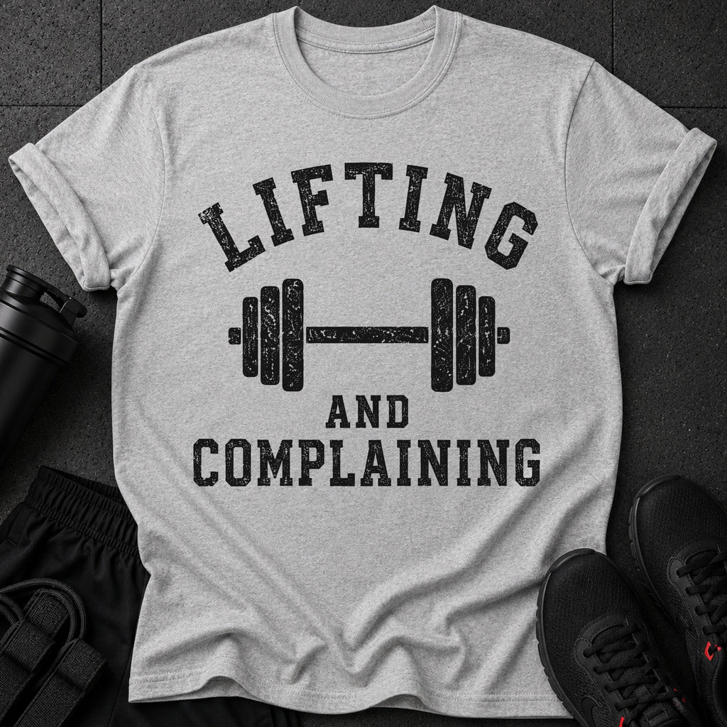 Grey t-shirt with "Lifting and Complaining" text and a barbell graphic.