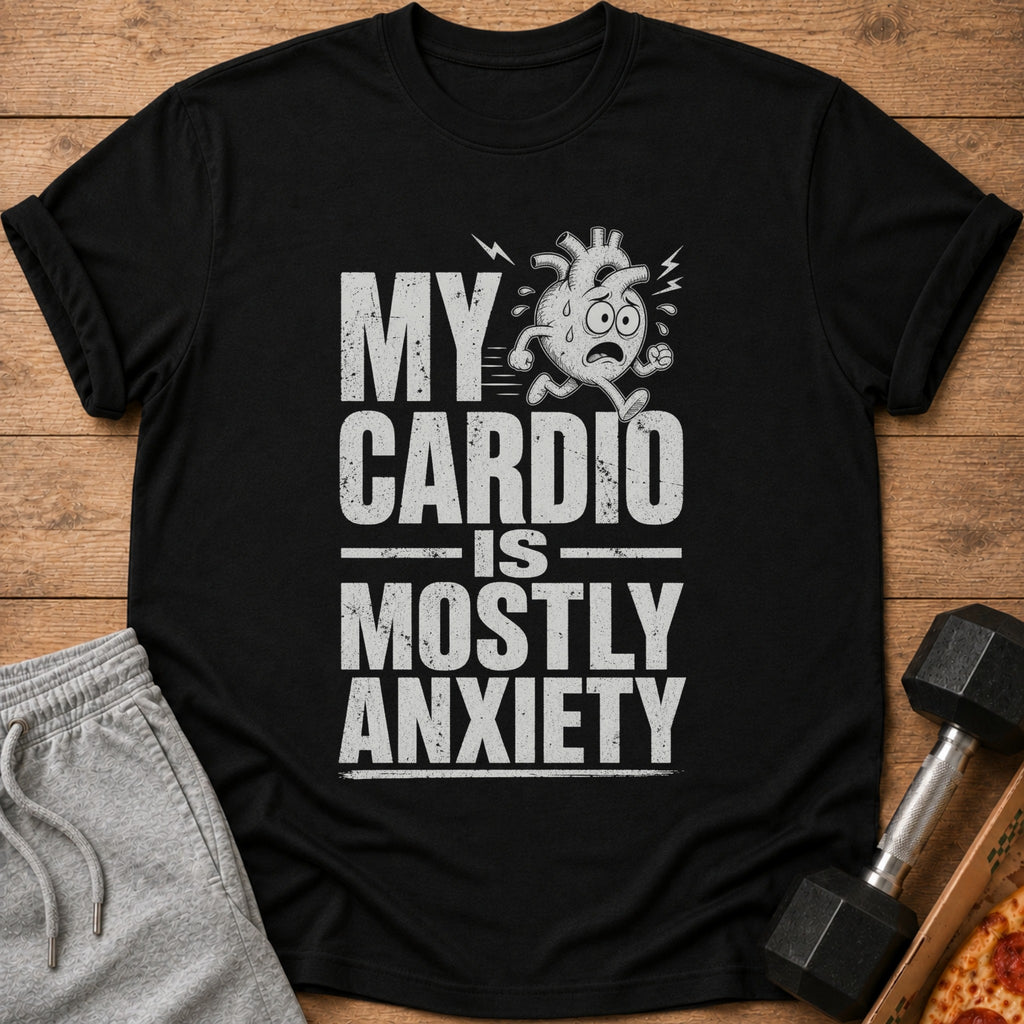 Black t-shirt with "My Cardio Is Mostly Anxiety" text and a running heart graphic.
