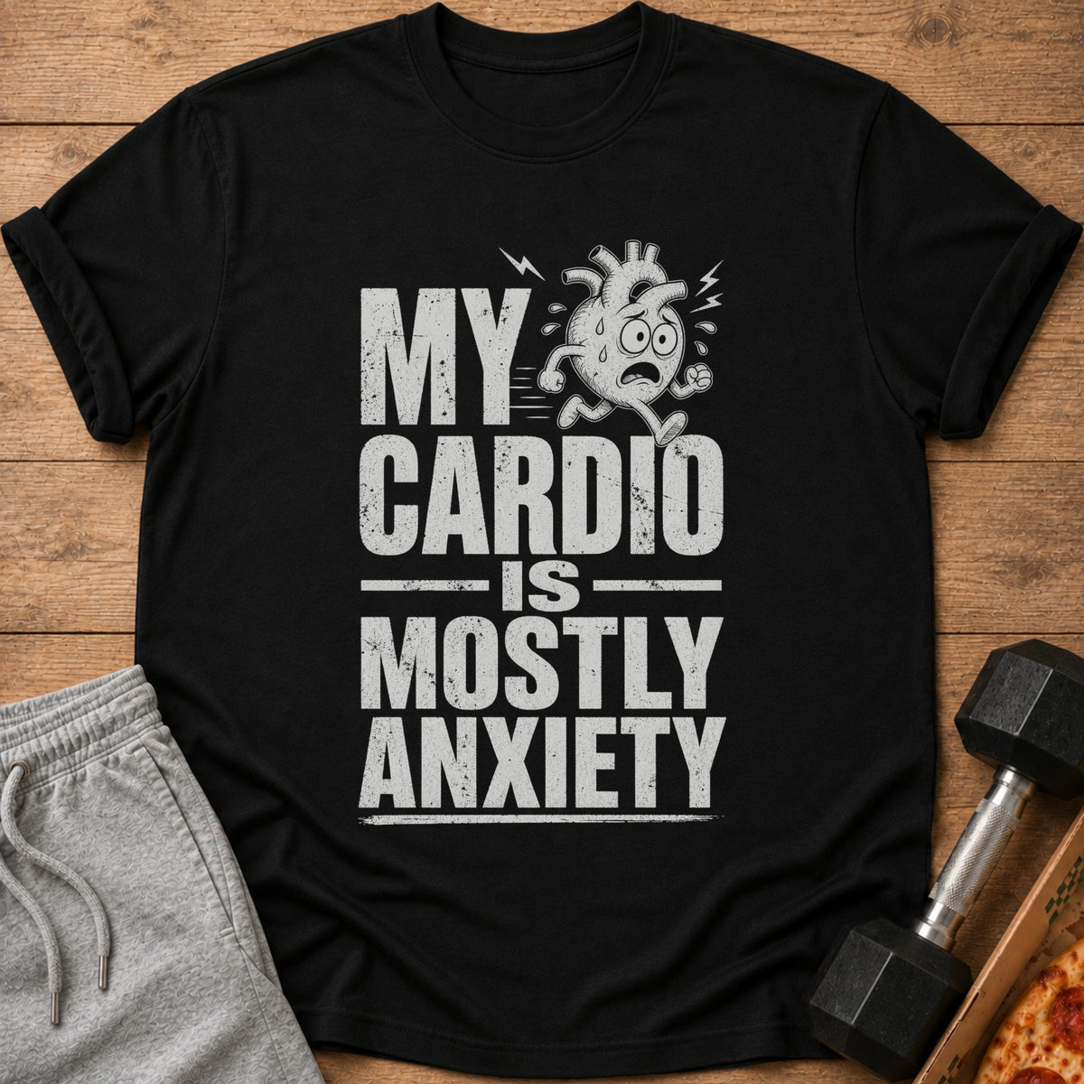 Black t-shirt with "My Cardio Is Mostly Anxiety" text and a running heart graphic.