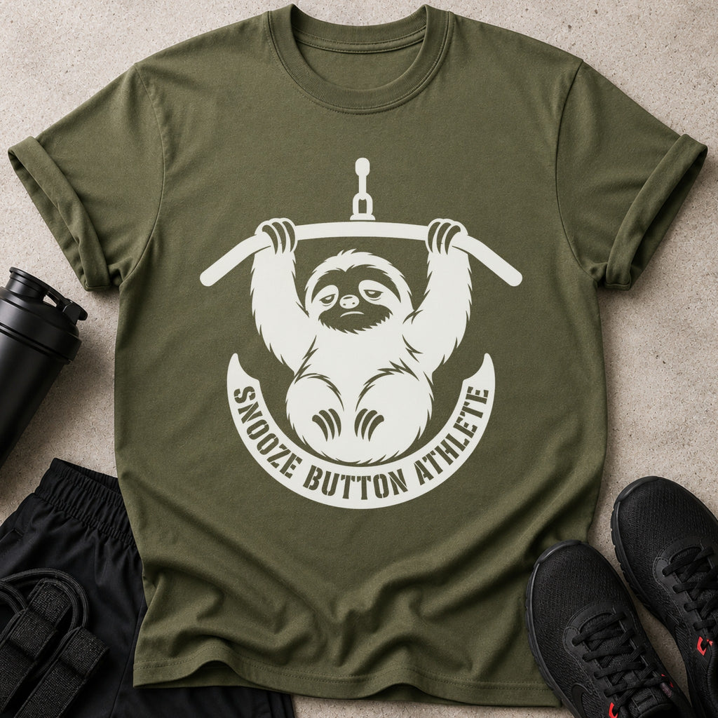 Olive t-shirt with white graphic of a sloth hanging from a bar, reading "Snooze Button Athlete".