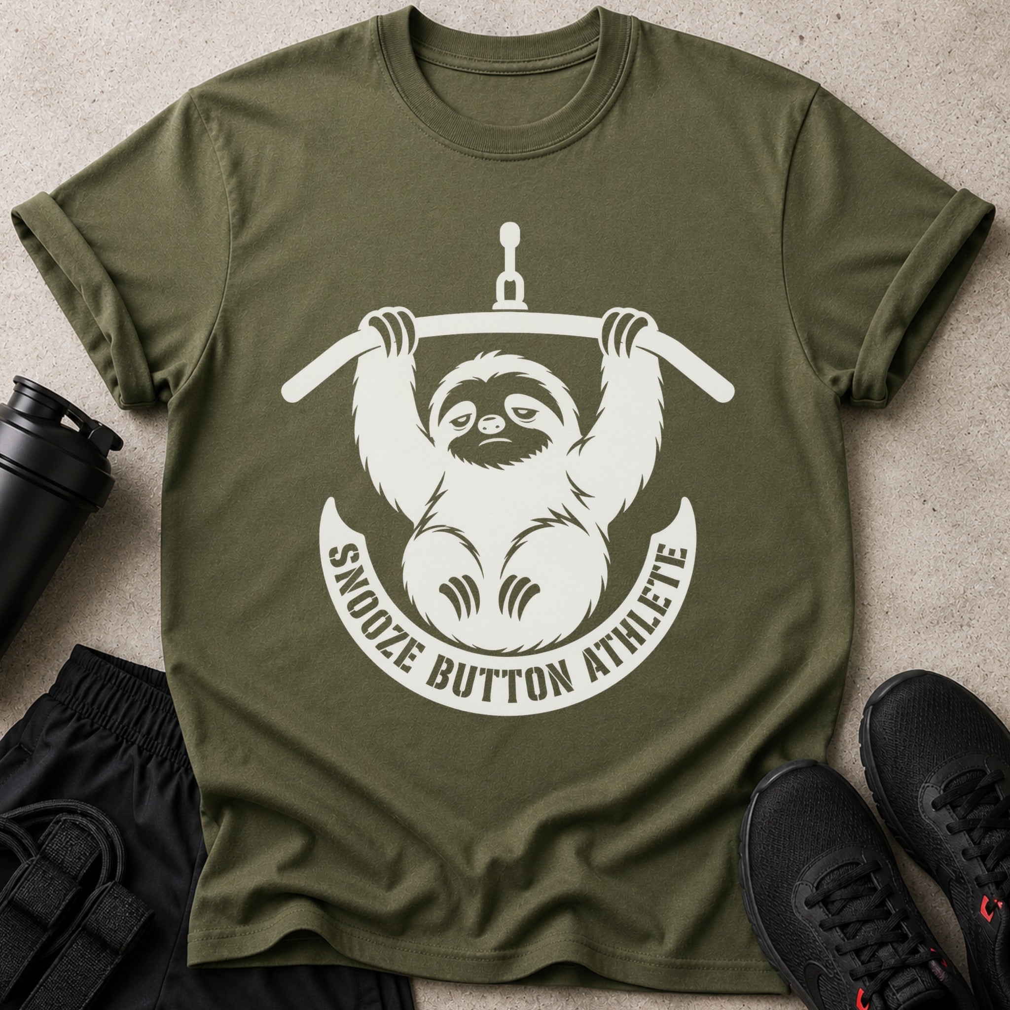 Olive t-shirt with white graphic of a sloth hanging from a bar, reading "Snooze Button Athlete".