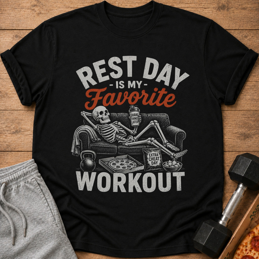 Black t-shirt with skeleton relaxing on couch, pizza, and text "Rest Day Is My Favorite Workout".