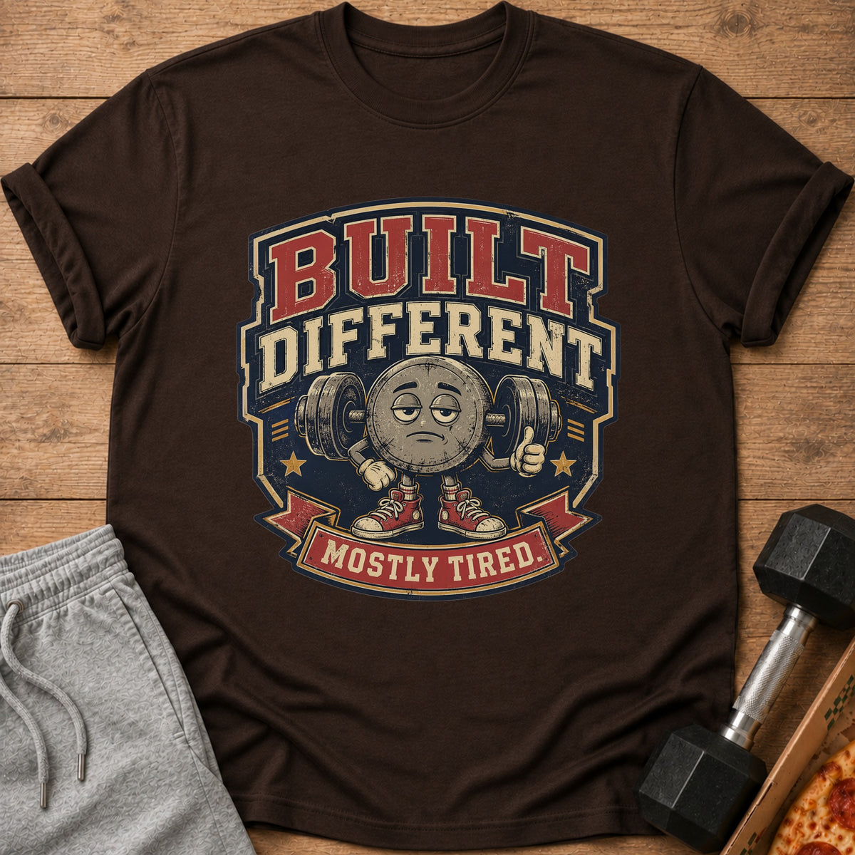 Brown t-shirt with "BUILT DIFFERENT MOSTLY TIRED" graphic featuring a tired dumbbell character.