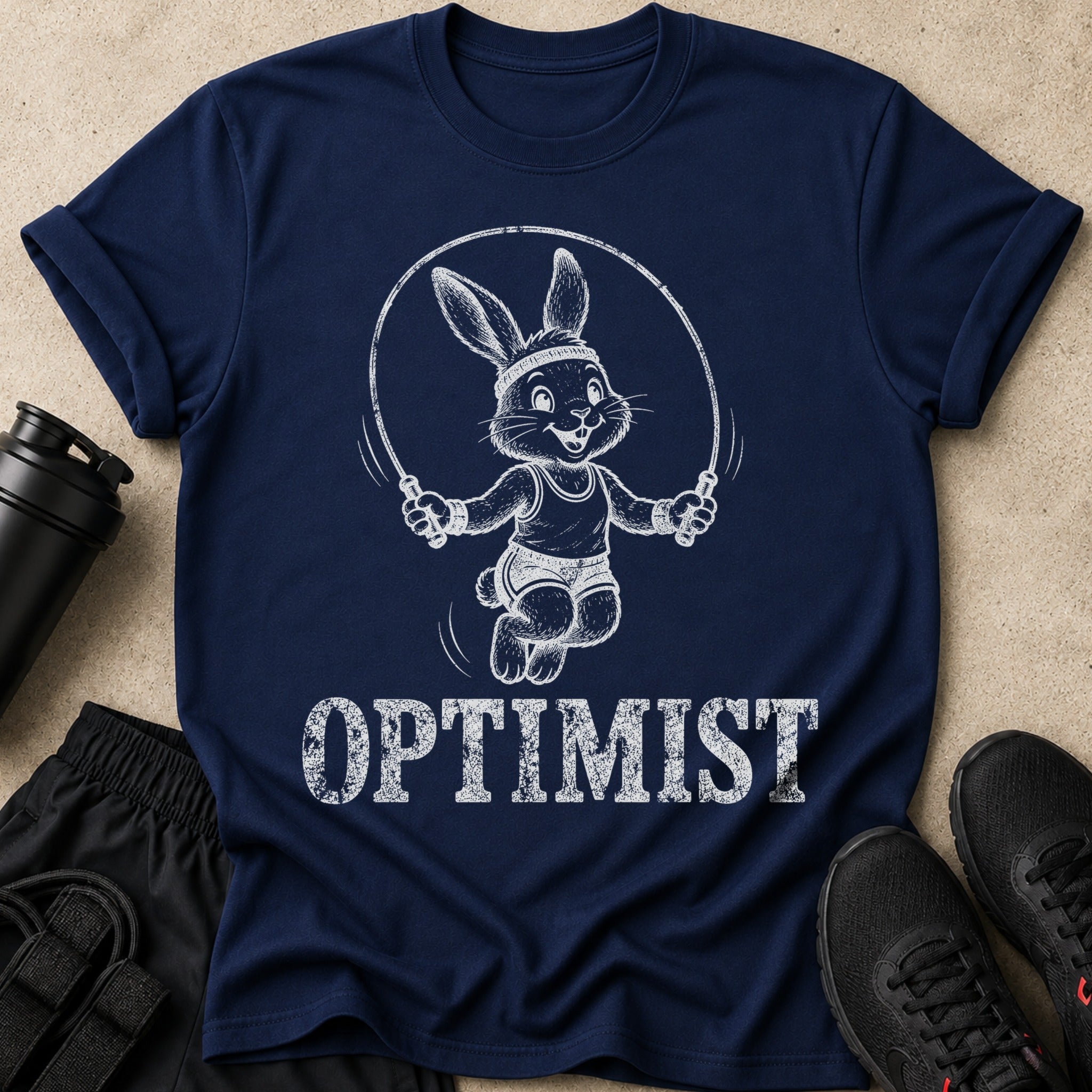 Navy blue t-shirt with a cartoon rabbit jumping rope with the word OPTIMIST.