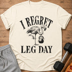 Cream t-shirt with flamingo lifting kettlebell and "I Regret Leg Day" text.