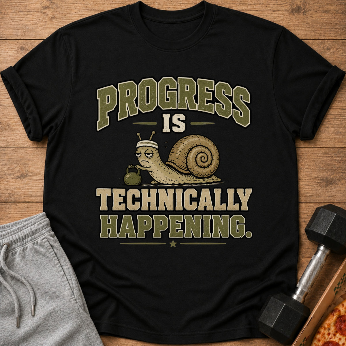 Black t-shirt with text "PROGRESS IS TECHNICALLY HAPPENING" and a snail lifting a weight.