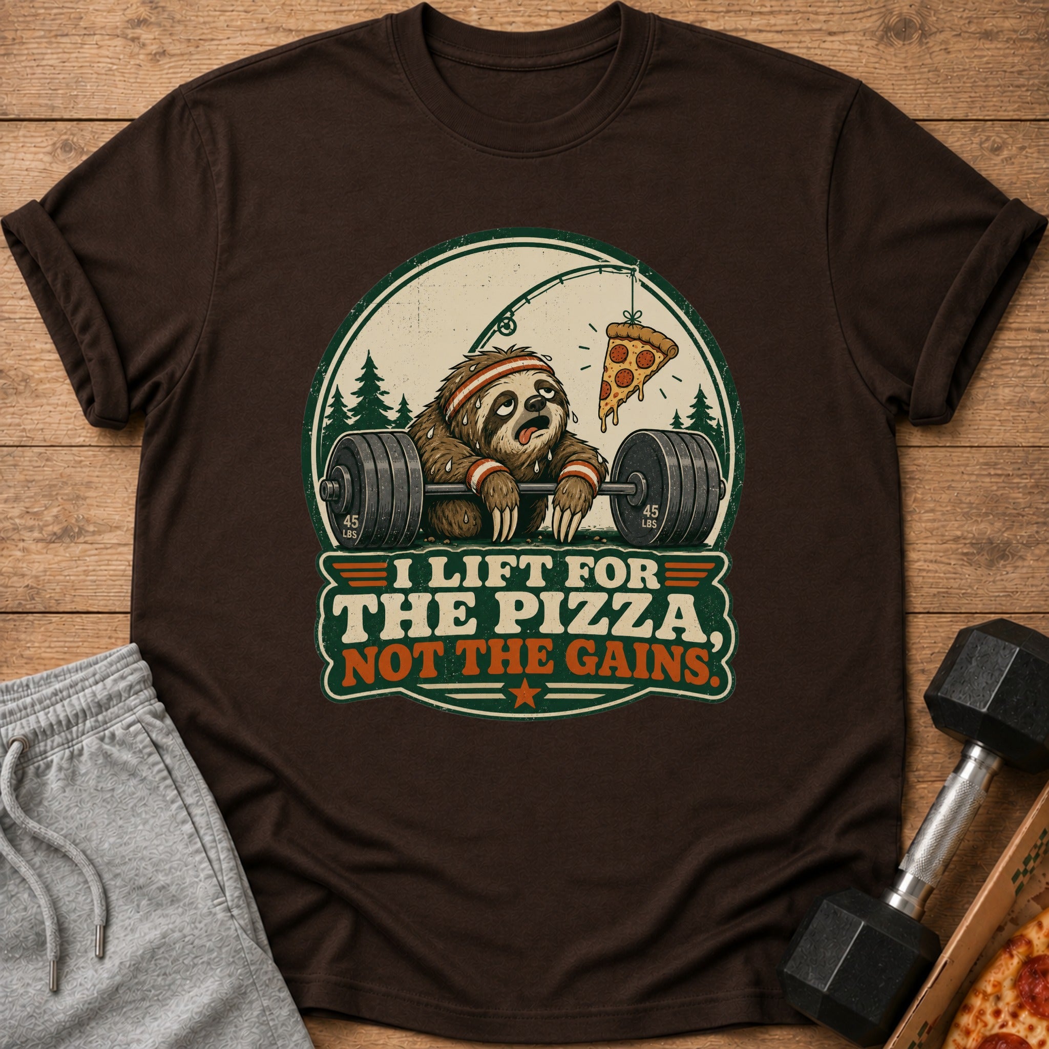 Sloth lifting weights with pizza dangling above, text says "I lift for the pizza, not the gains."
