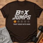 Brown t-shirt with "Box Jumps" graphic and one star rating.