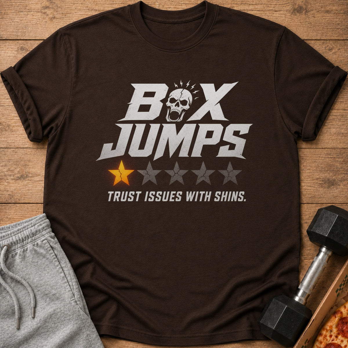 Brown t-shirt with "Box Jumps" graphic and one star rating.