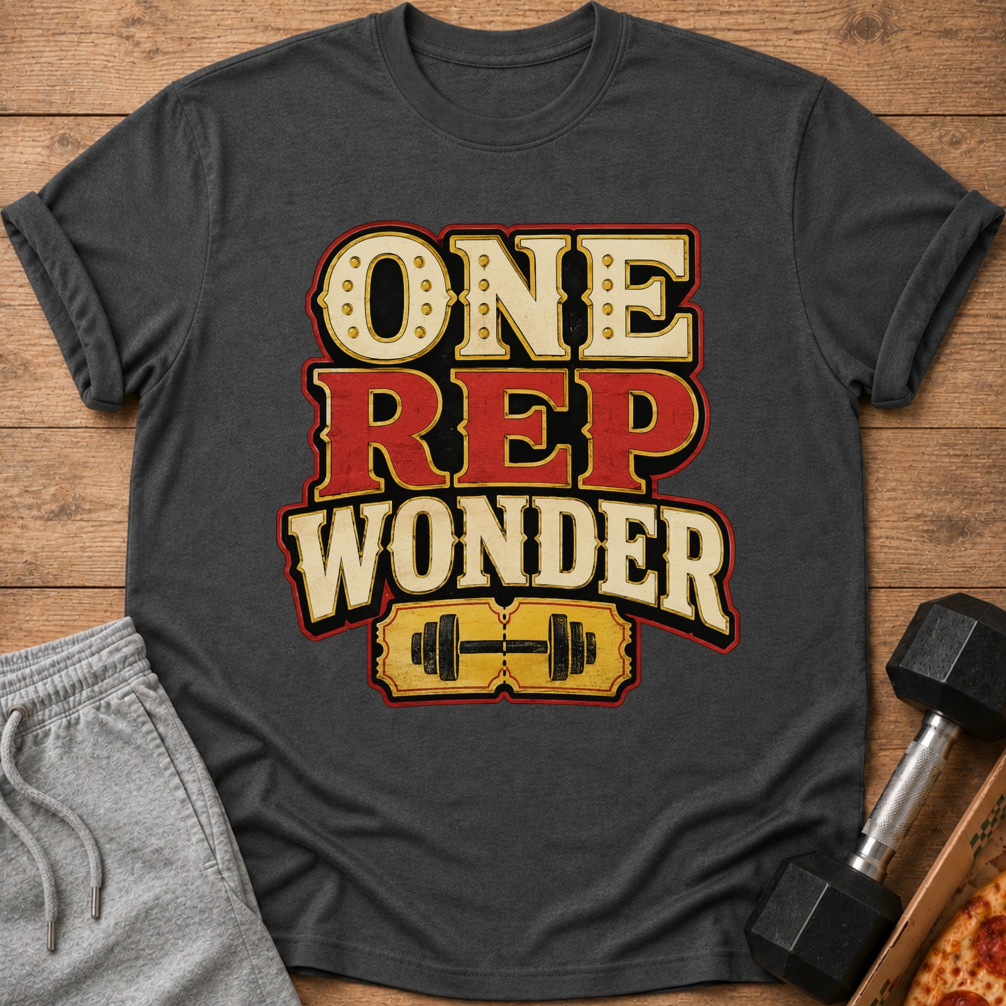 Dark grey t-shirt with text "ONE REP WONDER" and a barbell graphic.