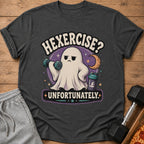 Ghost with dumbbell and shaker on t-shirt, reads "Hexercise? Unfortunately."