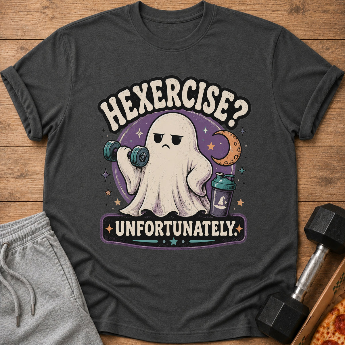 Ghost with dumbbell and shaker on t-shirt, reads "Hexercise? Unfortunately."