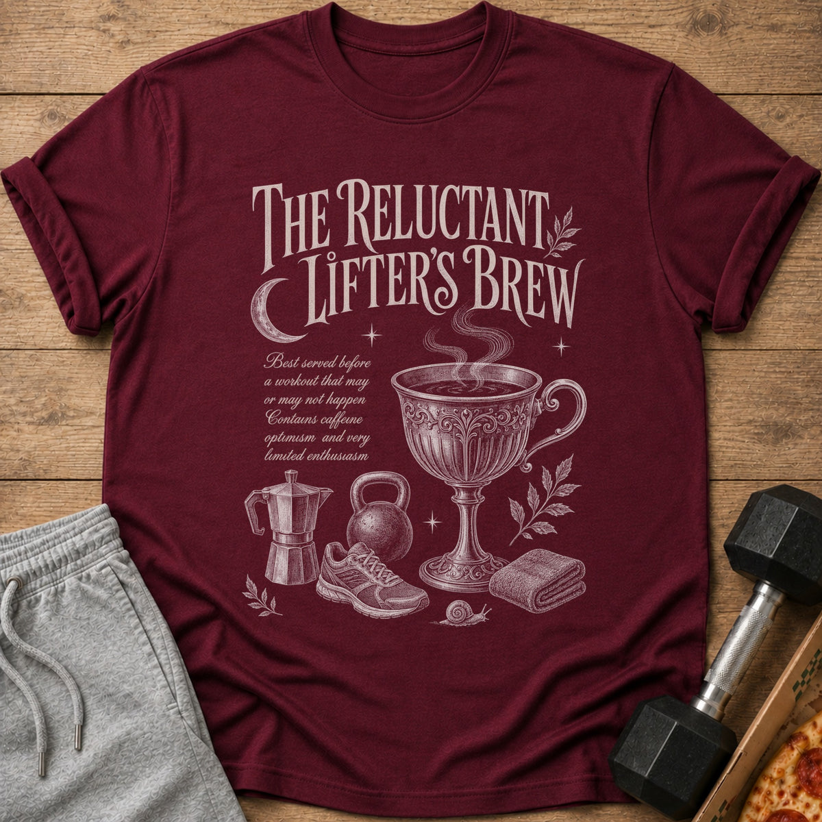 Maroon t-shirt with "The Reluctant Lifter's Brew" and workout graphics.
