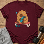 Cartoon capybara on a bench with a water bottle and dumbbells.