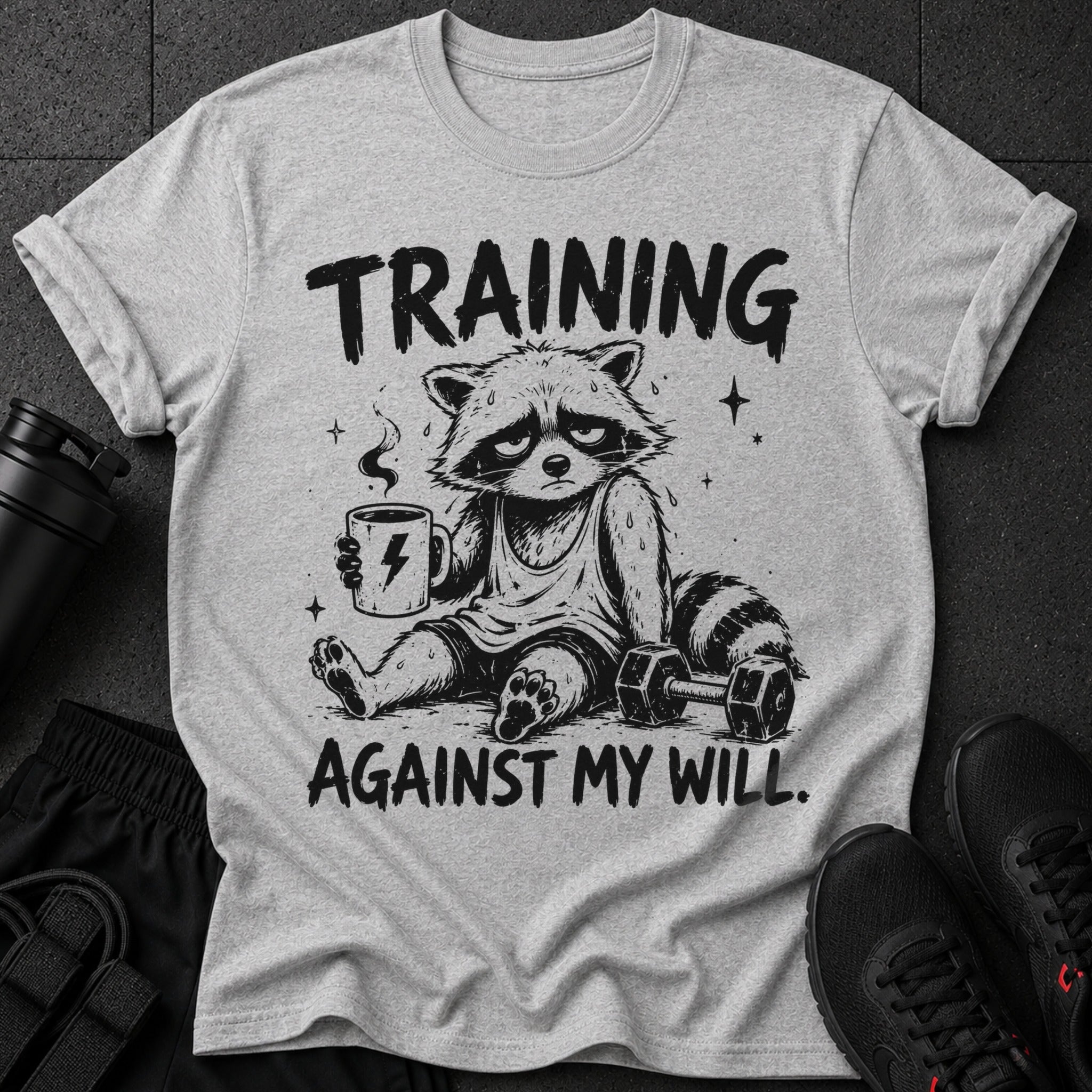 T-shirt with distressed graphic of tired raccoon holding coffee, "TRAINING AGAINST MY WILL."