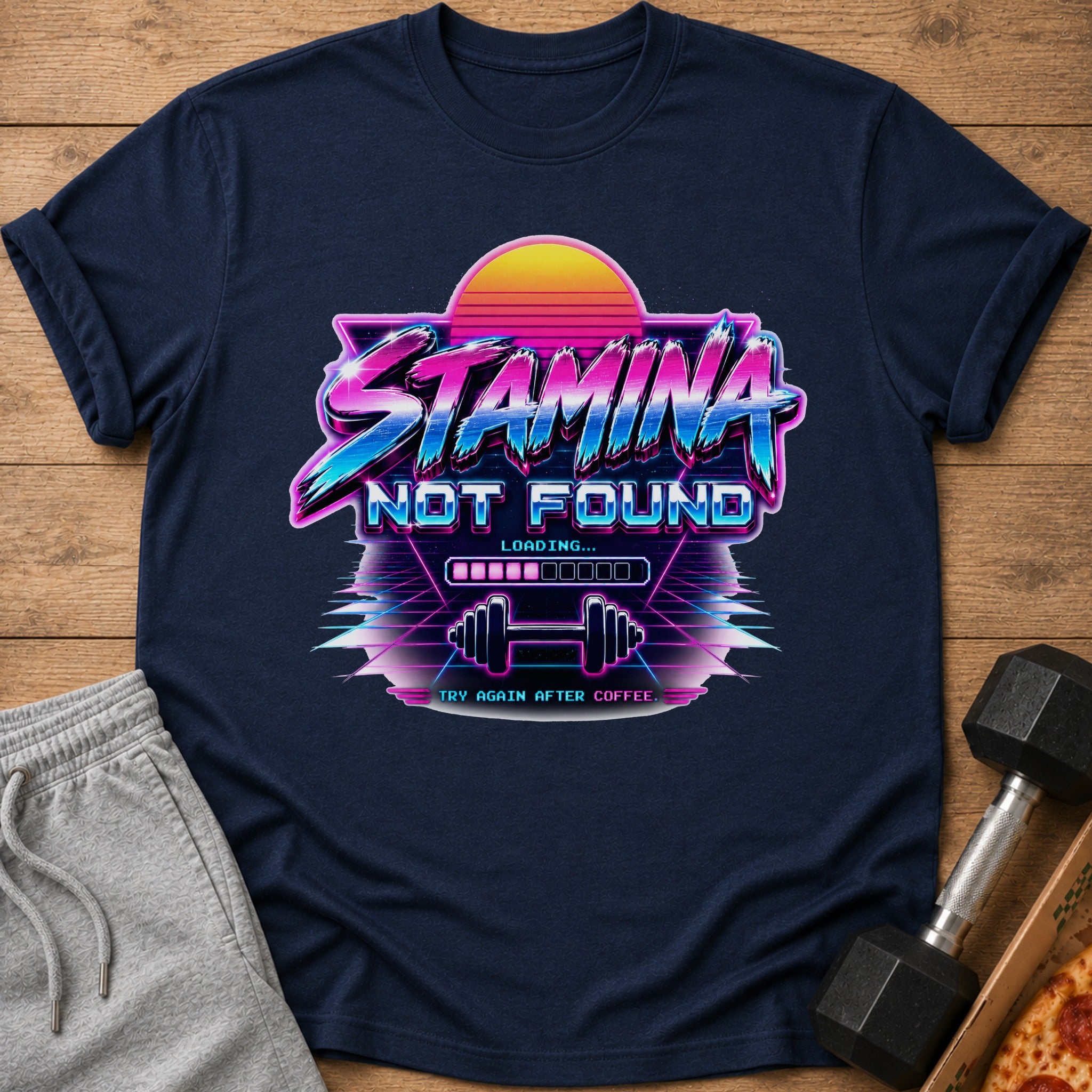 Navy t-shirt with "STAMINA NOT FOUND LOADING..." and a dumbbell graphic.
