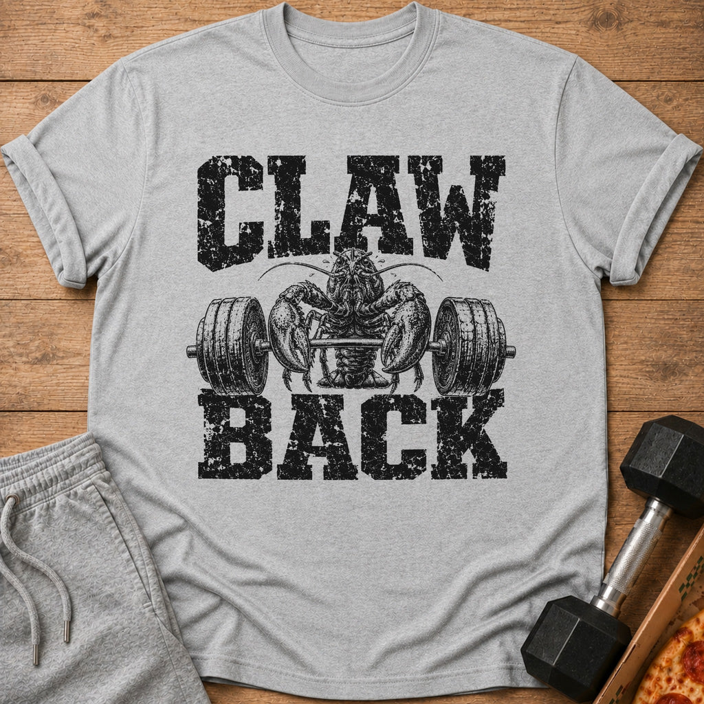 Grey t-shirt with black distressed text and graphic of a lobster lifting weights.