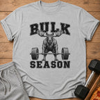Gray t-shirt with a moose lifting a barbell, text reads "BULK SEASON".