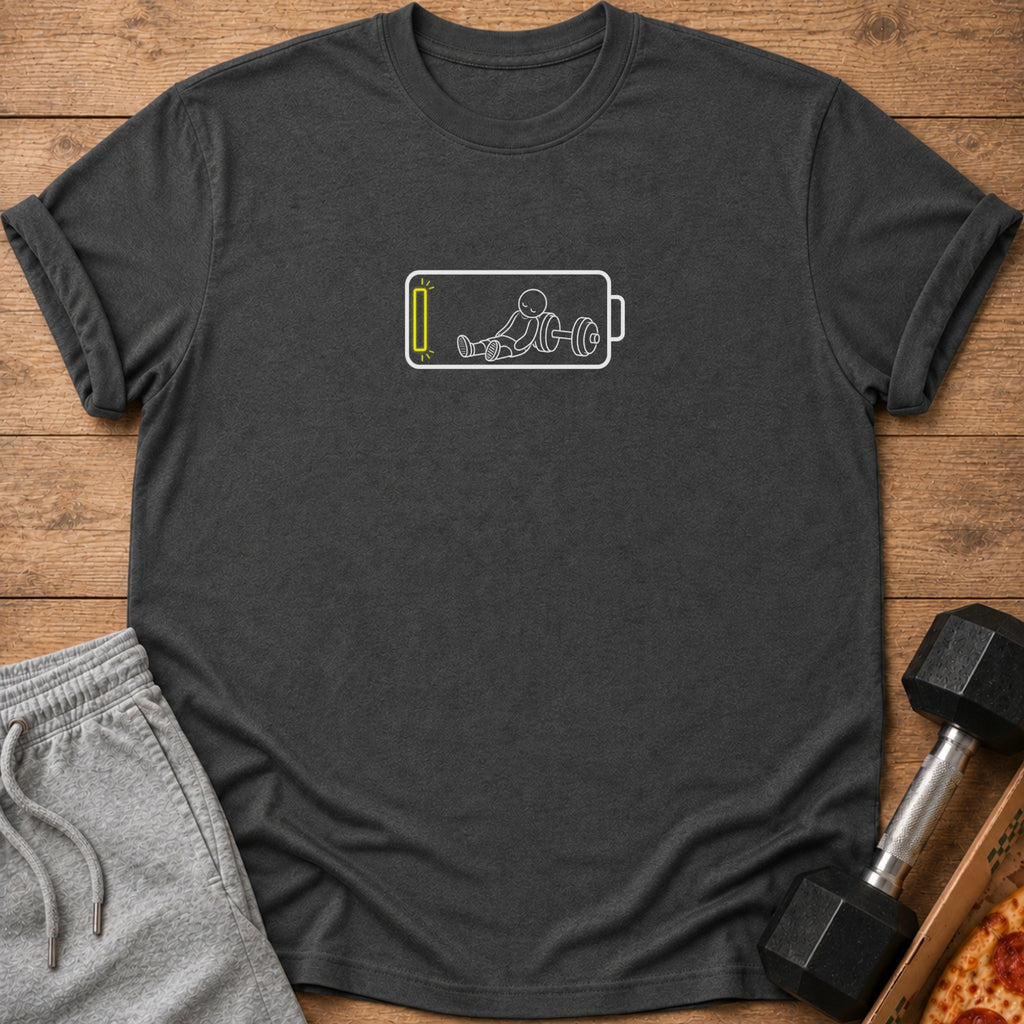 Dark gray t-shirt with stick figure lifting weights inside a low battery symbol.