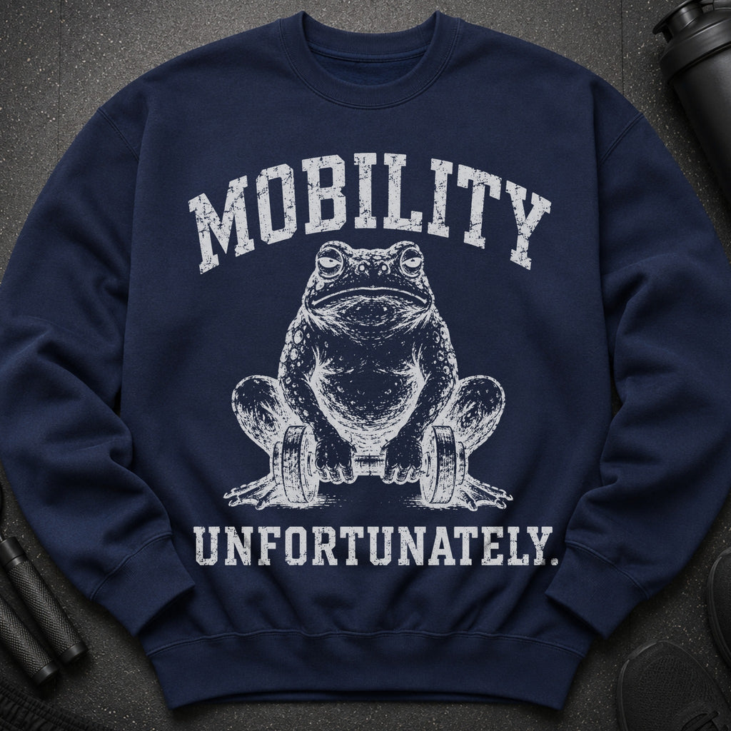 Adult-sized navy crewneck sweatshirt with a distressed graphic of a frog holding dumbbells.