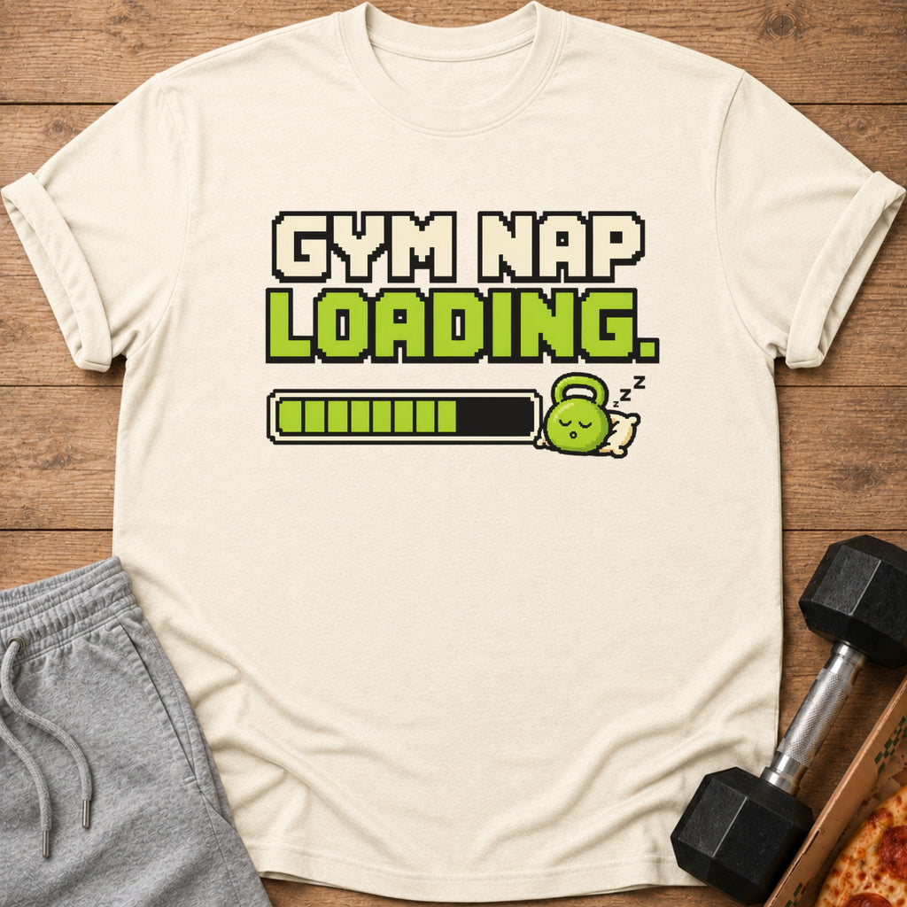 T-shirt with pixelated "Gym Nap Loading" text, a loading bar, and a sleeping kettlebell.