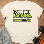 T-shirt with pixelated "Gym Nap Loading" text, a loading bar, and a sleeping kettlebell.