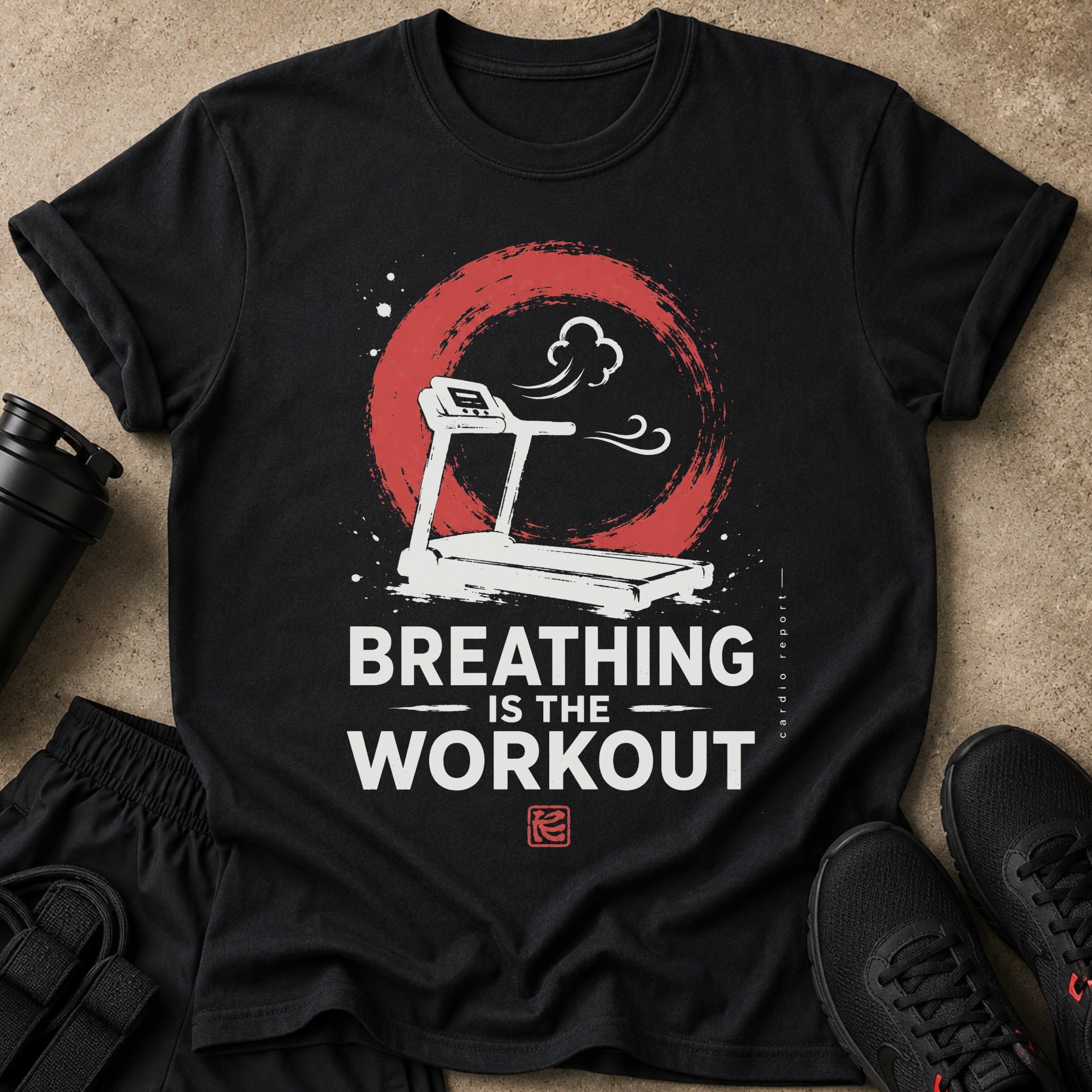 Black t-shirt with treadmill graphic and text "BREATHING IS THE WORKOUT".