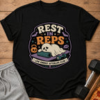 Black t-shirt with "Rest in Reps Low Energy Afterlife Club" text and a sleeping ghost.