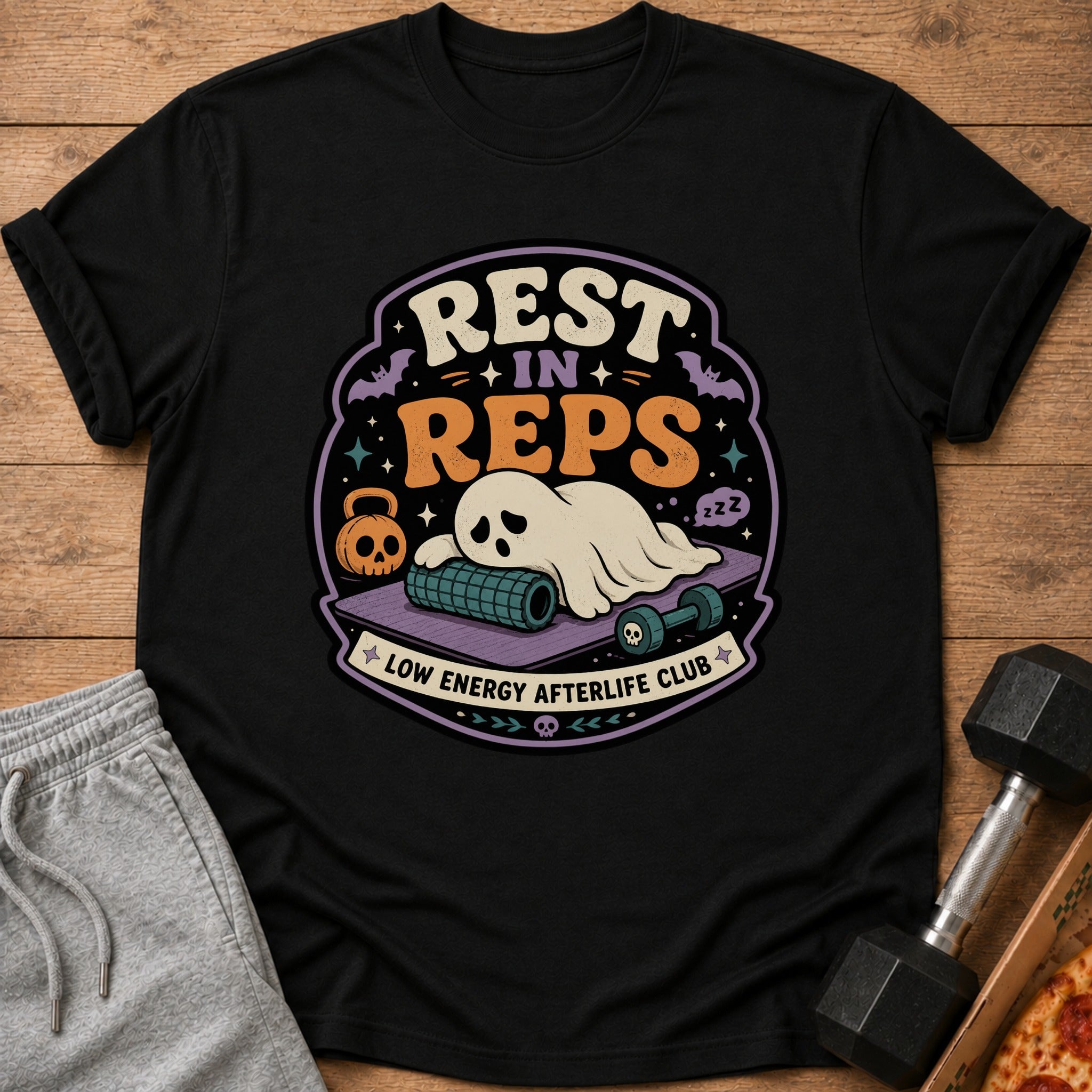 Black t-shirt with "Rest in Reps Low Energy Afterlife Club" text and a sleeping ghost.