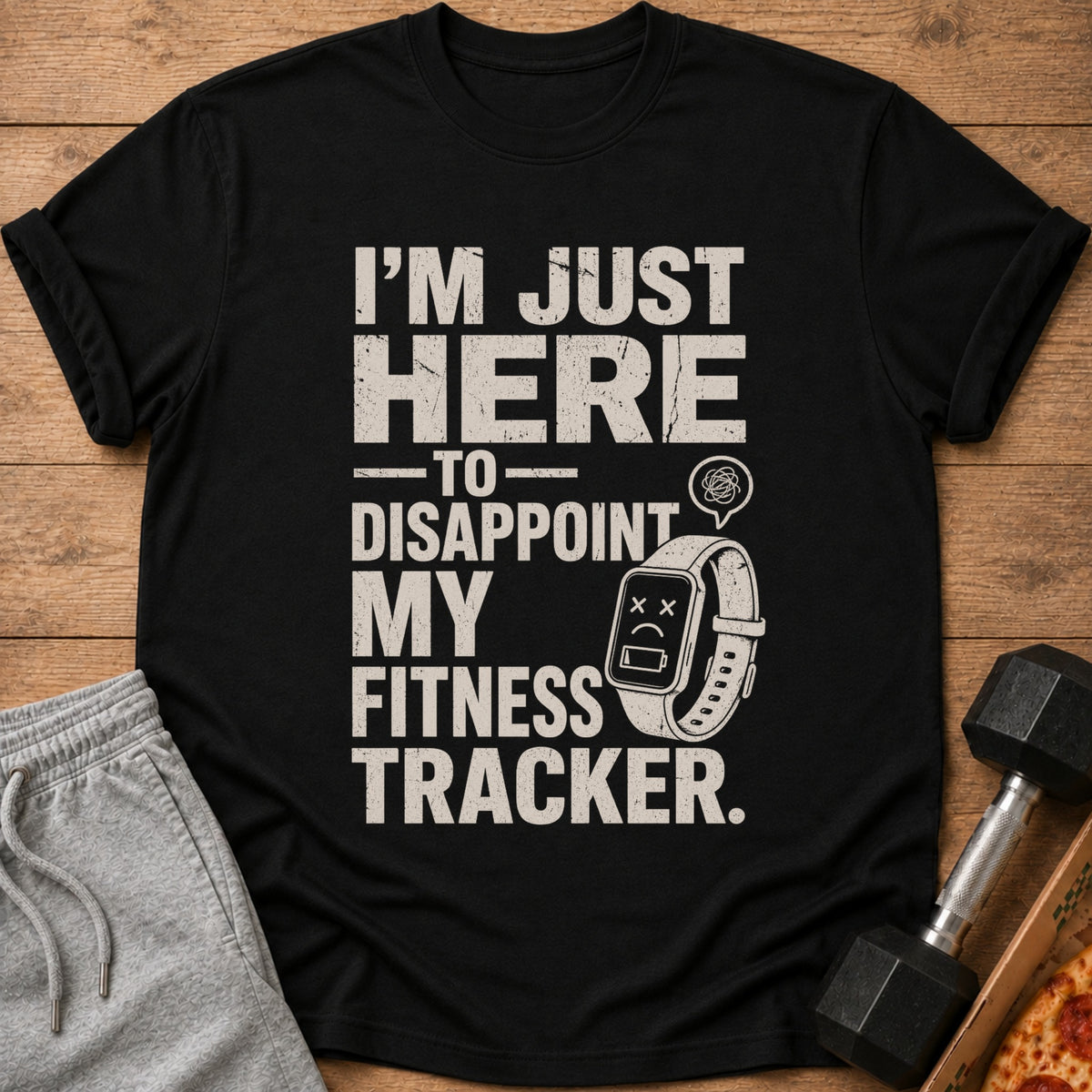 Black t-shirt with "I'm just here to disappoint my fitness tracker" text and graphic.