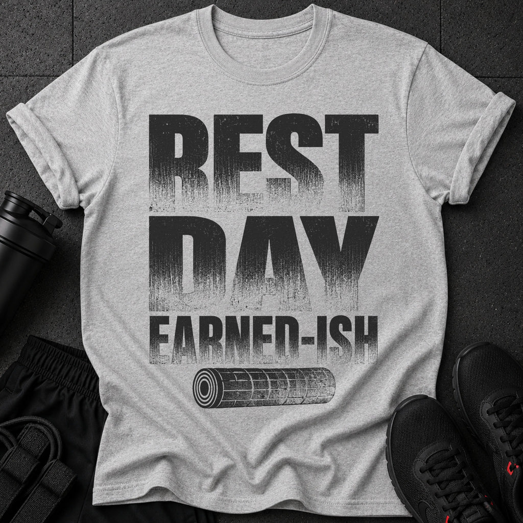 Grey t-shirt with "REST DAY EARNED-ISH" text and a rolled-up mat graphic.