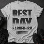 Grey t-shirt with "REST DAY EARNED-ISH" text and a rolled-up mat graphic.