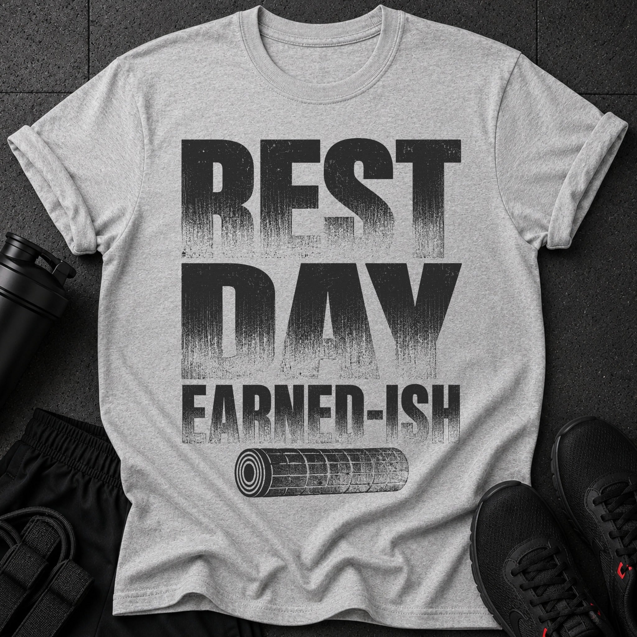 Grey t-shirt with "REST DAY EARNED-ISH" text and a rolled-up mat graphic.