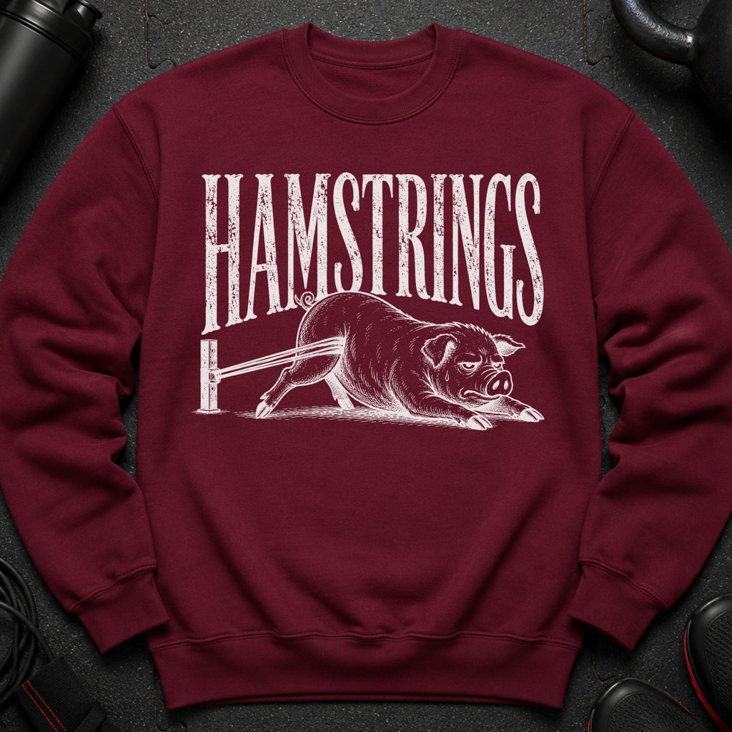 Maroon sweatshirt with "HAMSTRINGS" text and a drawing of a pig.