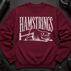 Maroon sweatshirt with "HAMSTRINGS" text and a drawing of a pig.