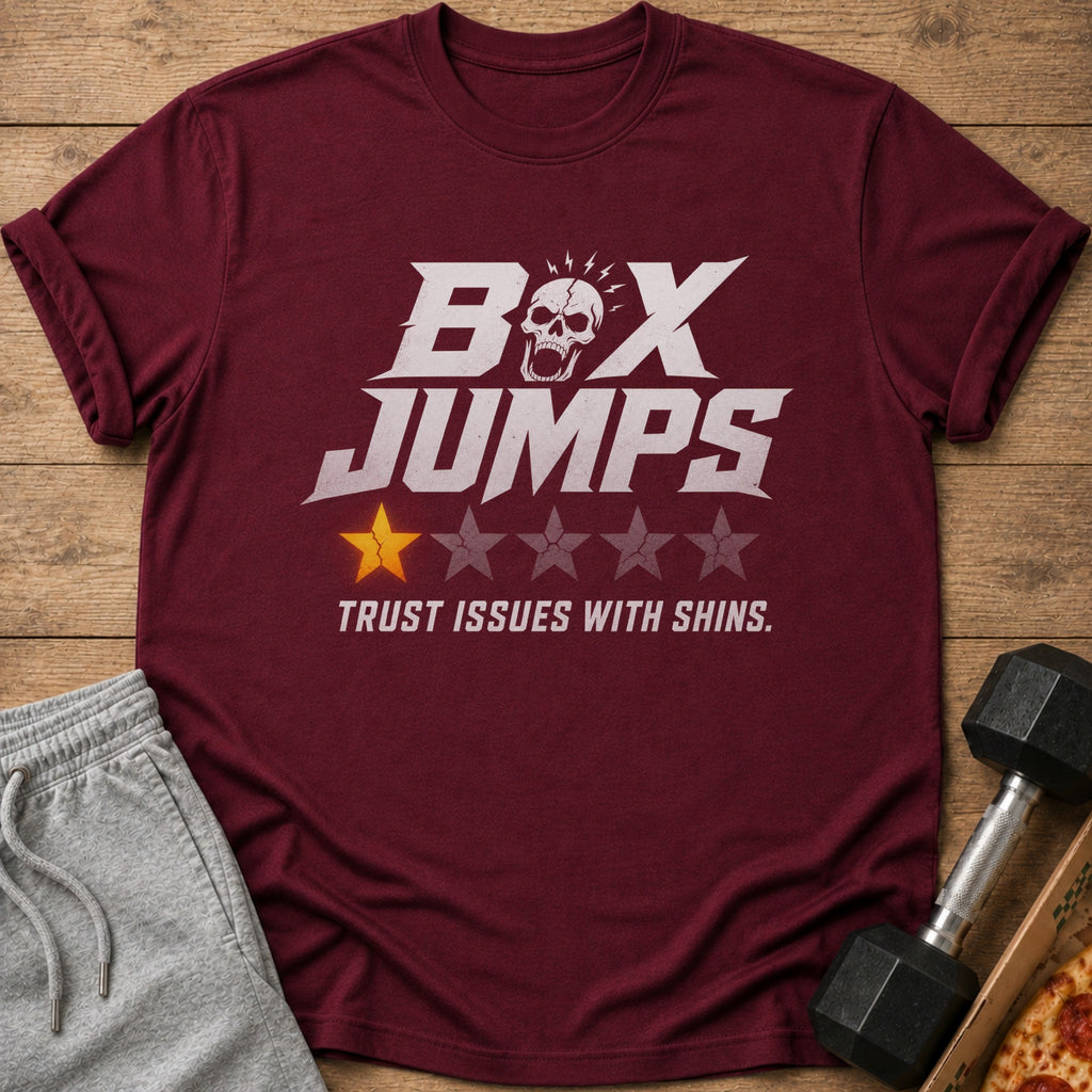 Maroon t-shirt with "BOX JUMPS" text, a skull, and one star.