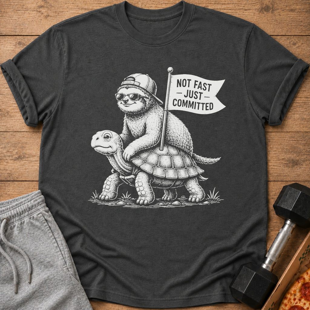 Sloth riding turtle with flag that reads "Not Fast – Just – Committed".