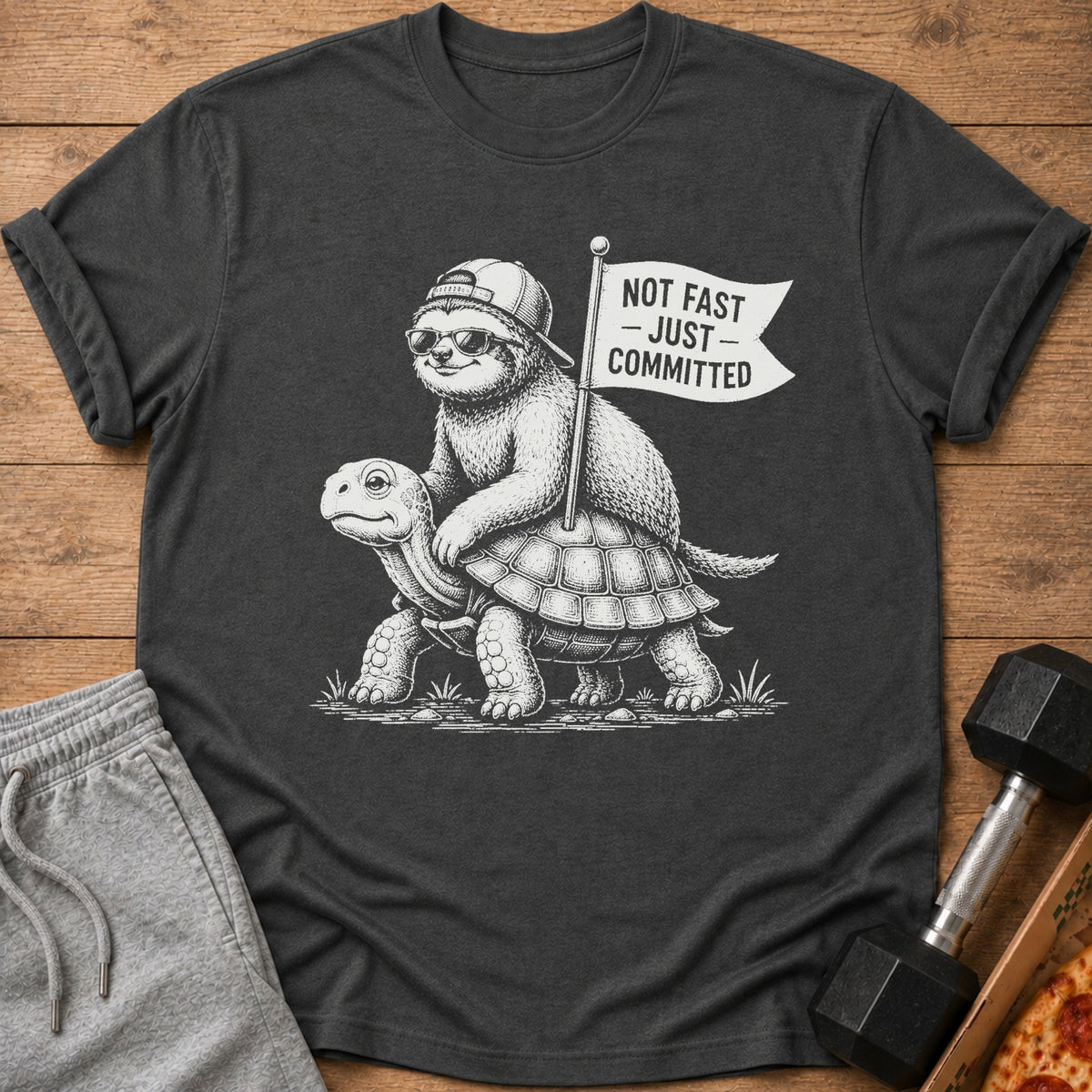 Sloth riding turtle with flag that reads "Not Fast – Just – Committed".